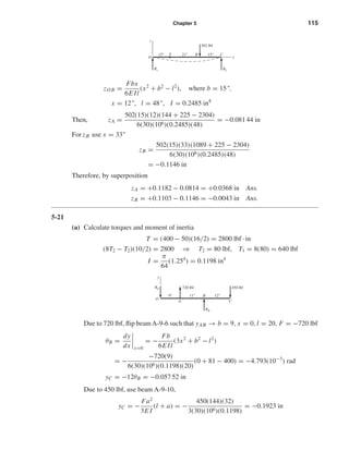 Chapter 5 115
zO B =
Fbx
6E Il
(x2
+ b2
− l2
), where b = 15",
x = 12", l = 48", I = 0.2485 in4
Then, zA =
502(15)(12)(144 + 225 − 2304)
6(30)(106)(0.2485)(48)
= −0.081 44 in
For zB use x = 33"
zB =
502(15)(33)(1089 + 225 − 2304)
6(30)(106)(0.2485)(48)
= −0.1146 in
Therefore, by superposition
zA = +0.1182 − 0.0814 = +0.0368 in Ans.
zB = +0.1103 − 0.1146 = −0.0043 in Ans.
5-21
(a) Calculate torques and moment of inertia
T = (400 − 50)(16/2) = 2800 lbf · in
(8T2 − T2)(10/2) = 2800 ⇒ T2 = 80 lbf, T1 = 8(80) = 640 lbf
I =
π
64
(1.254
) = 0.1198 in4
Due to 720 lbf, ﬂip beamA-9-6 such that yAB → b = 9, x = 0,l = 20, F = −720 lbf
θB =
dy
dx x=0
= −
Fb
6E Il
(3x2
+ b2
− l2
)
= −
−720(9)
6(30)(106)(0.1198)(20)
(0 + 81 − 400) = −4.793(10−3
) rad
yC = −12θB = −0.057 52 in
Due to 450 lbf, use beam A-9-10,
yC = −
Fa2
3E I
(l + a) = −
450(144)(32)
3(30)(106)(0.1198)
= −0.1923 in
450 lbf720 lbf
9" 11" 12"
O
y
A
B
C
RO
RB
A CB
O
R1 R2
12"
502 lbf
21" 15"
z
x
shi20396_ch05.qxd 8/18/03 10:59 AM Page 115
 