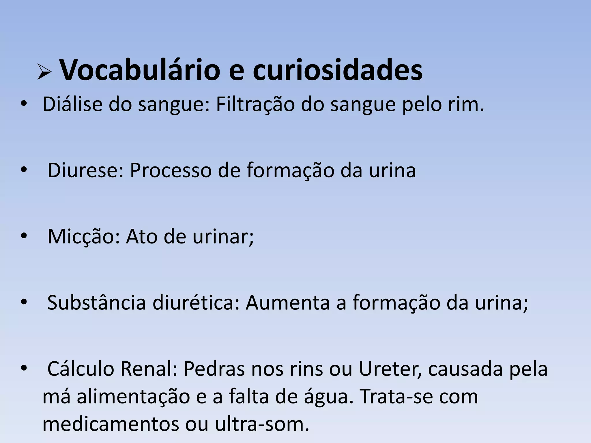  Vocabulário e curiosidades
• Diálise do sangue: Filtração do sangue pelo rim.

• Diurese: Processo de formação da urina

• Micção: Ato de urinar;

• Substância diurética: Aumenta a formação da urina;

• Cálculo Renal: Pedras nos rins ou Ureter, causada pela
  má alimentação e a falta de água. Trata-se com
  medicamentos ou ultra-som.
 