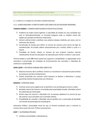 pelo Estado e d) associações intermediárias (corporações).
Crítica à instrumentalização do Direito para fins de conservação de uma ordem injusta.


5.2. O DIREITO E A FUNÇÃO DE LEGITIMAR A ORDEM BURGUESA

5.2.1. JUSNATURALISMO: O DIREITO DIANTE DOS CONFLITOS DA SOCIEDADE MODERNA.

THOMAS HOBBES HOMEM EGOÍSTA/DIREITO POSTO PELO ESTADO

    Problema da ordem (como legitimar a autoridade do Estado em uma sociedade que
     está se destradicionalizando, se tornando burguesa onde as relações sociais são
     regidas por posições econômicas impessoais).
    Homem volitivo tende a satisfazer seus próprios desejos colidindo, por vezes, com os
     interesses dos demais.
    Constituição do Estado para definir as normas de convívio como forma de fugir da
     autodestruição. Ao Estado caberia exclusivamente por o direito, definir o justo e o
     injusto.
    Finalidade do Direito: afastar os homens de seus próprios impulsos naturais
     individualistas através da educação e da repressão para manter a ordem e a paz social.

Thomas Hobbes e Locke  Direito estatal visa a garantir a estabilidade e a regularidade social
necessária à preservação de condições de funcionamento dos mercados: a liberdade de
comércio e a propriedade.

JOHN LOCKE NATUREZA HUMANA NÃO CONFLITIVA

    Natureza humana não é conflitiva: homens se reconhecem mutuamente pelos direitos
     que possuem aos bens fundamentais;
    Estado constituído por contrato social lockeano se destina a administrar a justiça
     garantindo direitos fundamentais aos infratores.

ROSSEAU VONTADE GERAL

    Contrato social como exigência de se identificar uma vontade geral comum a todos.
    Bondade natural dos homens corrompida pela propriedade privada. Liberdade natural
     foi substituída por dominação.
    Direito capaz de construir a liberdade civil. As pessoas obedecem às normas de que
     são autores e que coincidem com a vontade coletiva.
    Possibilidade de remediar a liberdade natural perdida com a construção da liberdade
     civil através da positivação da vontade geral.

Autonomia Pública: necessidade moral de que os homens produzam para si mesmos as
normas sob as quais vão viver. Ênfase rousseauniana.

KANT  AUTONOMIA PRIVADA

    Combina racionalidade e individualismo.
 