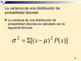 La varianza de una distribución de probabilidad discreta La varianza de una distribución de probabilidad discreta es calculada con la siguiente fórmula: 