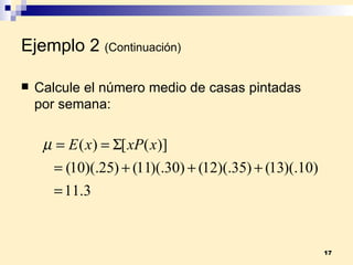 Ejemplo 2   (Continuación) Calcule el número medio de casas pintadas por semana: 