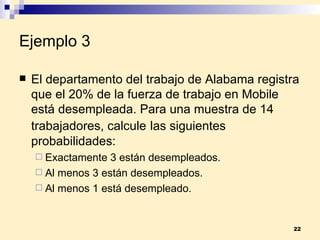 Ejemplo 3   El departamento del trabajo de Alabama registra que el 20% de la fuerza de trabajo en Mobile está desempleada. Para una muestra de 14 trabajadores, calcule   las siguientes probabilidades: Exactamente 3 están desempleados. Al menos 3 están desempleados. Al menos 1 está desempleado. 