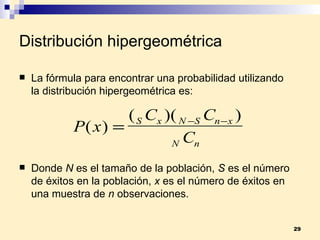 Distribución hipergeométrica La fórmula para encontrar una probabilidad utilizando la distribución hipergeométrica es: Donde  N  es el tamaño de la población,  S  es el número de éxitos en la población,  x  es el número de éxitos en una muestra de  n  observaciones. 