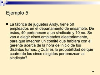 Ejemplo 5 La fábrica de juguetes Andy, tiene 50 empleados en el departamento de ensamble. De éstos, 40 pertenecen a un sindicato y 10 no. Se van a elegir cinco empleados aleatoriamente, para que integren un comité que hablará con el gerente acerca de la hora de inicio de los distintos turnos. ¿Cuál es la probabilidad de que cuatro de los cinco elegidos pertenezcan al sindicato? 