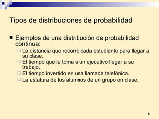 Tipos de distribuciones de probabilidad Ejemplos de una distribución de probabilidad continua: La distancia que recorre cada estudiante para llegar a su clase. El tiempo que le toma a un ejecutivo llegar a su trabajo. El tiempo invertido en una llamada telefónica. La estatura de los alumnos de un grupo en clase. 