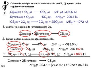 Calcule la entalpía estándar de formación de CS2 (l) a partir de las
       siguientes reacciones

      C(grafito) + O2 (g)          CO2 (g)     ∆H0   = -393.5 kJ
                                                   rxn
      S(rómbico) + O2 (g)          SO2 (g)     ∆Hrxn
                                                 0
                                                      = -296.1 kJ
       CS2(l) + 3O2 (g)          CO2 (g) + 2SO2 (g)    ∆H0   = -1072 kJ
                                                         rxn
1. Escribir la reacción de formación para CS2 

                C(grafito) + 2S(rómbico)             CS2 (l)
2. Sumar las tres ecuaciones algebraicamente.
    C(grafito) + O2 (g)          CO2 (g)     ∆H0       = -393.5 kJ
                                                 rxn
    2S(rómbico) + 2O2 (g)          2SO2 (g)     ∆Hrxn  0
                                                            = -296.1x2 kJ
 + CO2(g) + 2SO2 (g)          CS2 (l) + 3O2 (g)    ∆H0   = +1072 kJ
                                                     rxn

    C(grafito) + 2S(rómbico)             CS2 (l)
6.6                   ∆H0  = -393.5 + (2x-296.1) + 1072 = 86.3 kJ
                         rxn
 