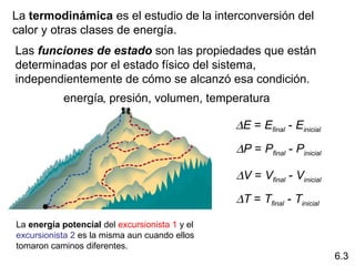 La termodinámica es el estudio de la interconversión del 
calor y otras clases de energía. 
Las funciones de estado son las propiedades que están 
determinadas por el estado físico del sistema, 
independientemente de cómo se alcanzó esa condición.
            energía, presión, volumen, temperatura

                                                 ∆E = Efinal - Einicial
                                                 ∆P = Pfinal - Pinicial

                                                 ∆V = Vfinal - Vinicial
                                                 ∆T = Tfinal - Tinicial

La energía potencial del excursionista 1 y el 
excursionista 2 es la misma aun cuando ellos 
tomaron caminos diferentes. 
                                                                          6.3
 
