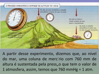 A partir desse experimento, dizemos que, ao nível
do mar, uma coluna de mercúrio com 760 mm de
altura é sustentada pela pressão que tem o valor de
1 atmosfera, assim, temos que 760 mmHg = 1 atm.
 