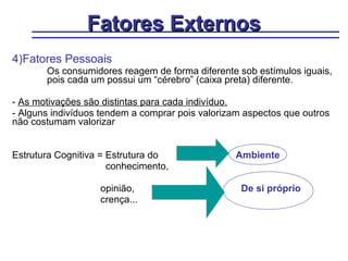 Fatores Externos
4)Fatores Pessoais
       Os consumidores reagem de forma diferente sob estímulos iguais,
       pois cada um possui um “cérebro” (caixa preta) diferente.

- As motivações são distintas para cada indivíduo.
- Alguns indivíduos tendem a comprar pois valorizam aspectos que outros
não costumam valorizar


Estrutura Cognitiva = Estrutura do                Ambiente
                      conhecimento,

                   opinião,                        De si próprio
                   crença...
 