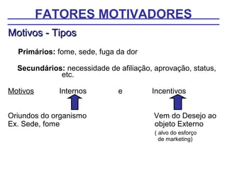 FATORES MOTIVADORES
Motivos - Tipos
  Primários: fome, sede, fuga da dor

  Secundários: necessidade de afiliação, aprovação, status,
             etc.

Motivos       Internos        e         Incentivos


Oriundos do organismo                    Vem do Desejo ao
Ex. Sede, fome                           objeto Externo
                                         ( alvo do esforço
                                           de marketing)
 