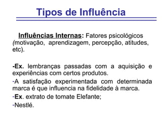 Tipos de Influência

  Influências Internas: Fatores psicológicos
(motivação, aprendizagem, percepção, atitudes,
etc).

-Ex. lembranças passadas com a aquisição e
experiências com certos produtos.
-A satisfação experimentada com determinada
marca é que influencia na fidelidade à marca.
-Ex. extrato de tomate Elefante;
-Nestlé.
 