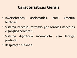 Características Gerais

• Invertebrados, acelomados, com simetria
  bilateral.
• Sistema nervoso: formado por cordões nervosos
  e gânglios cerebrais.
• Sistema digestório incompleto: com faringe
  protrátil.
• Respiração cutânea.
 