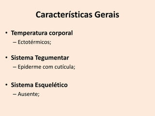 Características Gerais
• Temperatura corporal
  – Ectotérmicos;

• Sistema Tegumentar
  – Epiderme com cutícula;


• Sistema Esquelético
  – Ausente;
 
