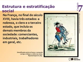 Estrutura e estratificação
social
Capítulo
7Na França, no final do século
XVIII, havia três estados: a
nobreza, o clero e o terceiro
estado, que incluía os
demais membros da
sociedade: comerciantes,
industriais, trabalhadores
em geral, etc.
TheBridgemanArtLibrary/Keystone/OtherImages
Estratificação social na França: o camponês
carrega o clérigo e o nobre nas costas.
Representação de 1789.
 