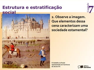 Estrutura e estratificação
social
Capítulo
72. Observe a imagem.
Que elementos dessa
cena caracterizam uma
sociedade estamental?
O trabalho no feudo
representado em iluminura
do século XV.
MuseuCondé,Chantilly,França
 