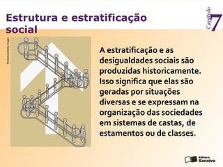 Estrutura e estratificação
social
Capítulo
7
A estratificação e as
desigualdades sociais são
produzidas historicamente.
Isso significa que elas são
geradas por situações
diversas e se expressam na
organização das sociedades
em sistemas de castas, de
estamentos ou de classes.
Thinkstock/GettyImages
 