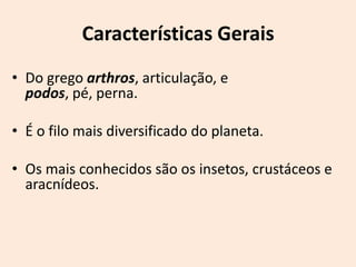 Características Gerais
• Do grego arthros, articulação, e
  podos, pé, perna.

• É o filo mais diversificado do planeta.

• Os mais conhecidos são os insetos, crustáceos e
  aracnídeos.
 