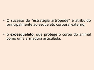• O sucesso da “estratégia artrópode” é atribuído
  principalmente ao esqueleto corporal externo,

• o exoesqueleto, que protege o corpo do animal
  como uma armadura articulada.
 