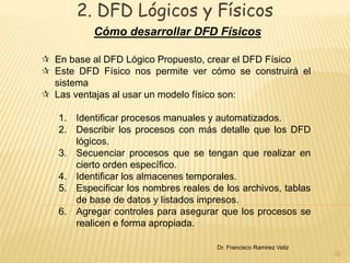 2. DFD Lógicos y Físicos 
Cómo desarrollar DFD Físicos 
33 
 En base al DFD Lógico Propuesto, crear el DFD Físico 
 Este DFD Físico nos permite ver cómo se construirá el 
sistema 
 Las ventajas al usar un modelo físico son: 
1. Identificar procesos manuales y automatizados. 
2. Describir los procesos con más detalle que los DFD 
lógicos. 
3. Secuenciar procesos que se tengan que realizar en 
cierto orden específico. 
4. Identificar los almacenes temporales. 
5. Especificar los nombres reales de los archivos, tablas 
de base de datos y listados impresos. 
6. Agregar controles para asegurar que los procesos se 
realicen e forma apropiada. 
Dr. Francisco Ramirez Veliz 
 