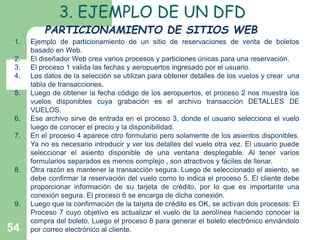 54 
3. EJEMPLO DE UN DFD 
PARTICIONAMIENTO DE SITIOS WEB 
1. Ejemplo de particionamiento de un sitio de reservaciones de venta de boletos 
basado en Web. 
2. El diseñador Web crea varios procesos y particiones únicas para una reservación. 
3. El proceso 1 valida las fechas y aeropuertos ingresado por el usuario. 
4. Los datos de la selección se utilizan para obtener detalles de los vuelos y crear una 
tabla de transacciones. 
5. Luego de obtener la fecha código de los aeropuertos, el proceso 2 nos muestra los 
vuelos disponibles cuya grabación es el archivo transacción DETALLES DE 
VUELOS. 
6. Ese archivo sirve de entrada en el proceso 3, donde el usuario selecciona el vuelo 
luego de conocer el precio y la disponibilidad. 
7. En el proceso 4 aparece otro formulario pero solamente de los asientos disponibles. 
Ya no es necesario introducir y ver los detalles del vuelo otra vez. El usuario puede 
seleccionar el asiento disponible de una ventana desplegable. Al tener varios 
formularios separados es menos complejo , son atractivos y fáciles de llenar. 
8. Otra razón es mantener la transacción segura. Luego de seleccionado el asiento, se 
debe confirmar la reservación del vuelo como lo indica el proceso 5. El cliente debe 
proporcionar información de su tarjeta de crédito, por lo que es importante una 
conexión segura. El proceso 6 se encarga de dicha conexión. 
9. Luego que la confirmación de la tarjeta de crédito es OK, se activan dos procesos: El 
Proceso 7 cuyo objetivo es actualizar el vuelo de la aerolínea haciendo conocer la 
compra del boleto. Luego el proceso 8 para generar el boleto electrónico enviándolo 
por correo electrónico al cliente. 
 