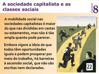 A sociedade capitalista e as
classes sociais
Capítulo
8
A mobilidade social nas
sociedades capitalistas é maior
do que nas divididas em castas
ou estamentos, mas não é tão
ampla quanto pode parecer.
Thinkstock/GettyImages
Embora vigore a ideia de que
todos têm oportunidades
iguais e podem prosperar por
meio do trabalho, há barreiras
à ascensão social, que não são
escritas nem declaradas.
 