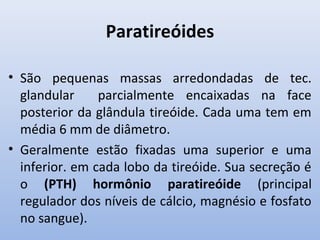 Paratireóides

• São pequenas massas arredondadas de tec.
  glandular     parcialmente encaixadas na face
  posterior da glândula tireóide. Cada uma tem em
  média 6 mm de diâmetro.
• Geralmente estão fixadas uma superior e uma
  inferior. em cada lobo da tireóide. Sua secreção é
  o (PTH) hormônio paratireóide (principal
  regulador dos níveis de cálcio, magnésio e fosfato
  no sangue).
 