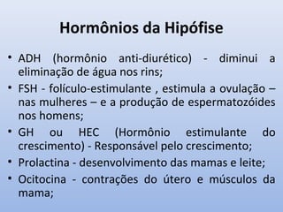 Hormônios da Hipófise
• ADH (hormônio anti-diurético) - diminui a
  eliminação de água nos rins;
• FSH - folículo-estimulante , estimula a ovulação –
  nas mulheres – e a produção de espermatozóides
  nos homens;
• GH ou HEC (Hormônio estimulante do
  crescimento) - Responsável pelo crescimento;
• Prolactina - desenvolvimento das mamas e leite;
• Ocitocina - contrações do útero e músculos da
  mama;
 