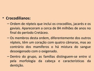 • Crocodilianos:
  – Ordem de répteis que inclui os crocodilos, jacarés e os 
    gaviais. Apareceram a cerca de 84 milhões de anos no 
    final do período Cretáceo.
  – Os membros desta ordem, diferentemente dos outros 
    répteis, têm um coração com quatro câmaras, mas ao 
    contrário  dos  mamíferos  o  há  mistura  do  sangue 
    desoxigenado com o oxigenado. 
  – Dentro  do  grupo,  as  famílias  distinguem-se  entre  si 
    pela  morfologia  da  cabeça  e  características  da 
    dentição.
 
