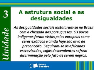 Unidade
3 A estrutura social e as
desigualdades
As desigualdades sociais instalaram-se no Brasil
com a chegada dos portugu...