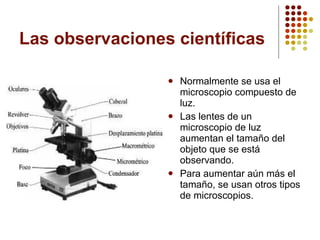 Las observaciones científicas Normalmente se usa el microscopio compuesto de luz. Las lentes de un  microscopio de luz aumentan el tamaño del objeto que se está observando. Para aumentar aún más el tamaño, se usan otros tipos de microscopios. 