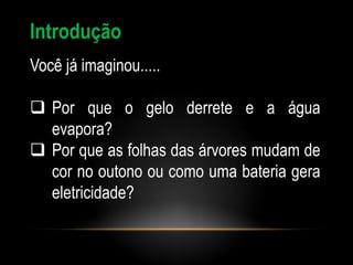 Introdução
Você já imaginou.....

 Por que o gelo derrete e a água
  evapora?
 Por que as folhas das árvores mudam de
  cor no outono ou como uma bateria gera
  eletricidade?
 