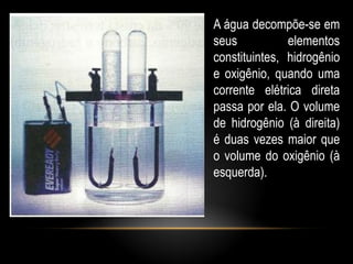 A água decompõe-se em
seus           elementos
constituintes, hidrogênio
e oxigênio, quando uma
corrente elétrica direta
passa por ela. O volume
de hidrogênio (à direita)
é duas vezes maior que
o volume do oxigênio (à
esquerda).
 