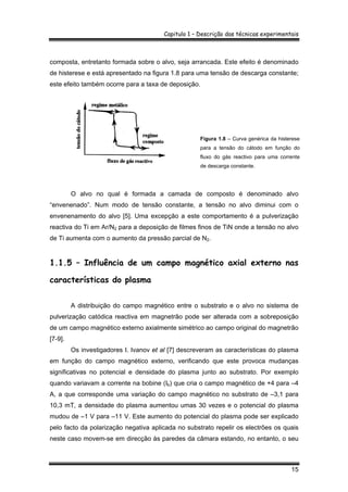 Capitulo 1 – Descrição das técnicas experimentais
15
composta, entretanto formada sobre o alvo, seja arrancada. Este efeito é denominado
de histerese e está apresentado na figura 1.8 para uma tensão de descarga constante;
este efeito também ocorre para a taxa de deposição.
Figura 1.8 – Curva genérica da histerese
para a tensão do cátodo em função do
fluxo do gás reactivo para uma corrente
de descarga constante.
O alvo no qual é formada a camada de composto é denominado alvo
“envenenado”. Num modo de tensão constante, a tensão no alvo diminui com o
envenenamento do alvo [5]. Uma excepção a este comportamento é a pulverização
reactiva do Ti em Ar/N2 para a deposição de filmes finos de TiN onde a tensão no alvo
de Ti aumenta com o aumento da pressão parcial de N2.
1.1.5 – Influência de um campo magnético axial externo nas
características do plasma
A distribuição do campo magnético entre o substrato e o alvo no sistema de
pulverização catódica reactiva em magnetrão pode ser alterada com a sobreposição
de um campo magnético externo axialmente simétrico ao campo original do magnetrão
[7-9].
Os investigadores I. Ivanov et al [7] descreveram as características do plasma
em função do campo magnético externo, verificando que este provoca mudanças
significativas no potencial e densidade do plasma junto ao substrato. Por exemplo
quando variavam a corrente na bobine (Ib) que cria o campo magnético de +4 para –4
A, a que corresponde uma variação do campo magnético no substrato de –3,1 para
10,3 mT, a densidade do plasma aumentou umas 30 vezes e o potencial do plasma
mudou de –1 V para –11 V. Este aumento do potencial do plasma pode ser explicado
pelo facto da polarização negativa aplicada no substrato repelir os electrões os quais
neste caso movem-se em direcção às paredes da câmara estando, no entanto, o seu
 