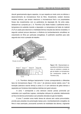 Capitulo 1 – Descrição das técnicas experimentais
17
discutir genericamente alguns aspectos, no que respeita ao modo como se efectua o
desenvolvimento da microestrutura final do filme. Actualmente, existem diversos
modelos teóricos, que tentam relacionar a microestrutura final e as propriedades
físicas dos revestimentos com os parâmetros de deposição [5]. De entre estes,
destacam-se o proposto por J. A. Thornthon [10]. Neste modelo o coeficiente entre a
temperatura do substrato durante a deposição e a temperatura de fusão do material
(Td/Tf) é usado para descrever a mobilidade térmica induzida dos átomos revestidos. A
segunda variável procura descrever a influência do bombardeamento simultâneo ao
crescimento do filme por partículas energéticas. O parâmetro escolhido para este
segundo eixo inclui a pressão de trabalho.
Pressão Ar (mTorr)
Temperatura
substrato (Td/Tf)
Zona I
Zona II
Zona III
Zona T
Zona I Zona T Zona II Zona III
Td/Tf
Figura 1.10 – Representação es-
quemática da influência da tempe-
ratura do substrato e pressão do
gás de trabalho na microestrutura
dos revestimentos (modelo de
Thornthon [10]).
J. A. Thornthon distingue basicamente 4 zonas correspondendo a diferentes
tipos de microestrutura (figura 1.10): zona 1 de estrutura colunar aberta; zona T de
transição (estrutura colunar densa) e zonas 2 e 3 com estrutura de grãos densos e
separados por fronteiras intercristalinas distintas (em geral colunar).
A zona 1 corresponde a uma estrutura colunar porosa promovida por
substratos com superfícies rugosas, orientações oblíquas do substrato relativamente
ao fluxo de átomos pulverizados e por pressões elevadas do gás de trabalho.
A zona T consiste numa matriz densa de colunas sem vazios pronunciados,
provida para pressões de pulverização baixas pois o bombardeamento energético do
filme é mais acentuado, provocando aumento da mobilidade dos átomos, originando
 