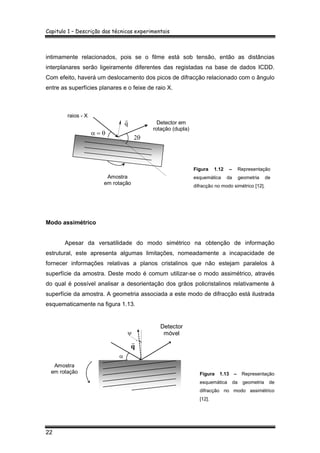 Capitulo 1 – Descrição das técnicas experimentais
22
intimamente relacionados, pois se o filme está sob tensão, então as distâncias
interplanares serão ligeiramente diferentes das registadas na base de dados ICDD.
Com efeito, haverá um deslocamento dos picos de difracção relacionado com o ângulo
entre as superfícies planares e o feixe de raio X.
Figura 1.12 – Representação
esquemática da geometria de
difracção no modo simétrico [12].
Modo assimétrico
Apesar da versatilidade do modo simétrico na obtenção de informação
estrutural, este apresenta algumas limitações, nomeadamente a incapacidade de
fornecer informações relativas a planos cristalinos que não estejam paralelos à
superfície da amostra. Deste modo é comum utilizar-se o modo assimétrico, através
do qual é possível analisar a desorientação dos grãos policristalinos relativamente à
superfície da amostra. A geometria associada a este modo de difracção está ilustrada
esquematicamente na figura 1.13.
Figura 1.13 – Representação
esquemática da geometria de
difracção no modo assimétrico
[12].
2θ
α = θ
Detector em
rotação (dupla)
Amostra
em rotação
raios - X
q
r
Detector
móvelψ
α
q
r
Amostra
em rotação
 