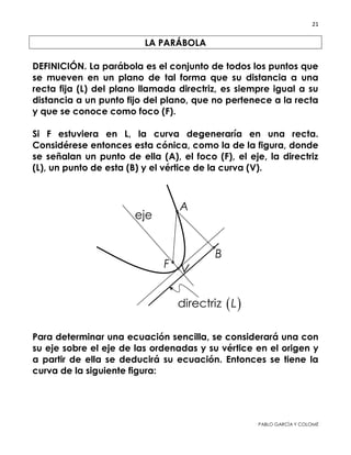21
PABLO GARCÍA Y COLOMÉ
Si la parábola, con vértice en el origen, abre hacia la derecha
 0p  o hacia la izquierda  0p  , sus ecuaciones y
gráficas, respectivamente, son
2 2
4 4y px y y px  
Y sus gráficas:
2
4y px
:D x p 
V
 , 0F p
x
 ,P x y
eje
y
y
 ' ,P x p:D y p
V x
 ,P x y
 0,F p
eje
 