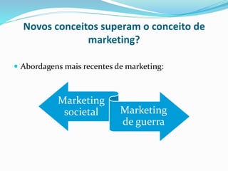 Novos conceitos superam o conceito de
marketing?
 Abordagens mais recentes de marketing:
Marketing
societal Marketing
de guerra
 