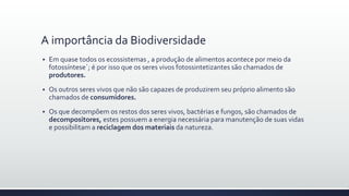 A importância da Biodiversidade
 Em quase todos os ecossistemas , a produção de alimentos acontece por meio da
fotossíntese´; é por isso que os seres vivos fotossintetizantes são chamados de
produtores.
 Os outros seres vivos que não são capazes de produzirem seu próprio alimento são
chamados de consumidores.
 Os que decompõem os restos dos seres vivos, bactérias e fungos, são chamados de
decompositores, estes possuem a energia necessária para manutenção de suas vidas
e possibilitam a reciclagem dos materiais da natureza.
 