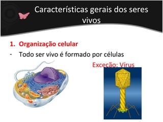 Características gerais dos seres
vivos
1. Organização celular
- Todo ser vivo é formado por células
- Exceção: Vírus
 