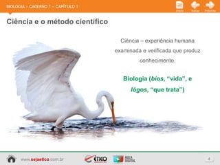 BIOLOGIA » CADERNO 1 » CAPÍTULO 1
                                                             Início   Voltar   Próximo



Ciência e o método científico

                                      Ciência – experiência humana
                                    examinada e verificada que produz
                                             conhecimento.


                                       Biologia (bíos, “vida”, e
                                          lógos, “que trata”)




      www.sejaetico.com.br                                                       4
 