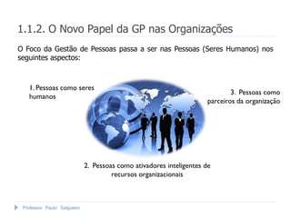 Professor Paulo Salgueiro
1.1.2. O Novo Papel da GP nas Organizações
O Foco da Gestão de Pessoas passa a ser nas Pessoas (Seres Humanos) nos
seguintes aspectos:
1. Pessoas como seres
humanos
2. Pessoas como ativadores inteligentes de
recursos organizacionais
3. Pessoas como
parceiros da organização
 