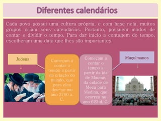 Judeus
Cada povo possui uma cultura própria, e com base nela, muitos
grupos criam seus calendários. Portanto, possuem modos de
contar e dividir o tempo. Para dar início a contagem do tempo,
escolheram uma data que lhes são importantes.
Começam a
contar o
tempo a partir
da criação do
mundo, que
para eles
deu-se mo
ano 3760 a.
C.
Começam a
contar o
tempo a
partir da ida
de Maomé,
da cidade de
Meca para
Medina, que
ocorreu no
ano 622 d. C.
Muçulmanos
 