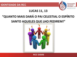 IDENTIDADE DA RCC
RCC GOIÁS
LUCAS 11, 13
“QUANTO MAIS DARÁ O PAI CELESTIAL O ESPÍRITO
SANTO AQUELES QUE LHO PEDIREM!”
 