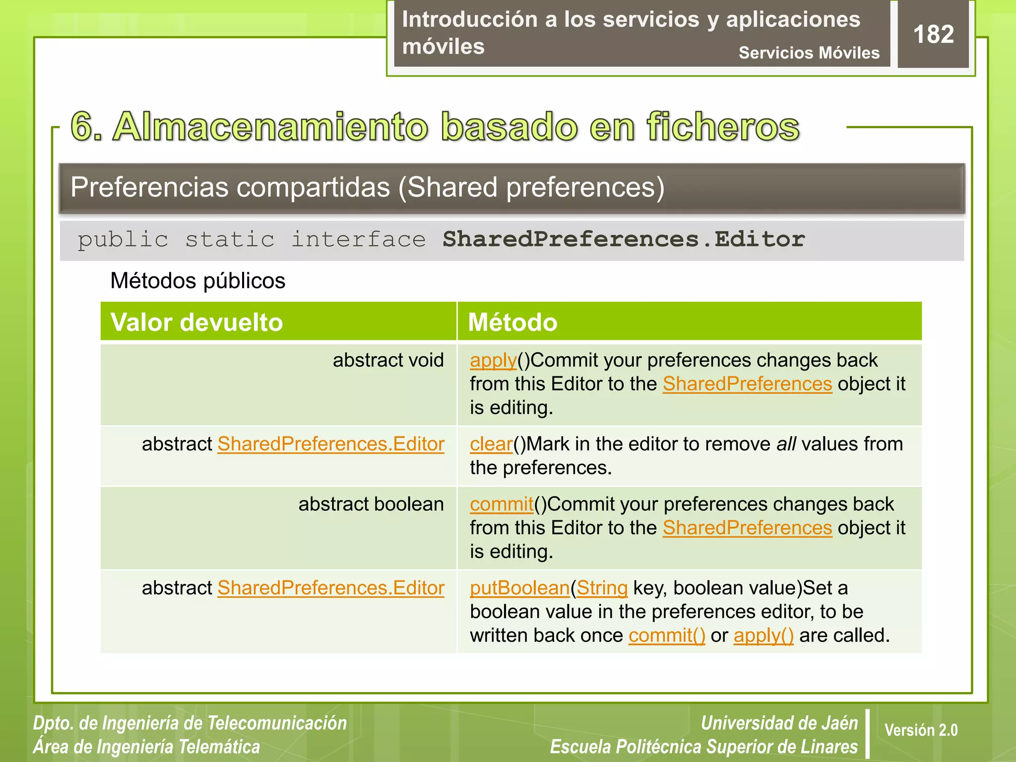 Introducción a los servicios y aplicaciones
móviles Servicios Móviles
182
Dpto. de Ingeniería de Telecomunicación
Área de Ingeniería Telemática
Universidad de Jaén
Escuela Politécnica Superior de Linares
Versión 2.0
Preferencias compartidas (Shared preferences)
public static interface SharedPreferences.Editor
Métodos públicos
Valor devuelto Método
abstract void apply()Commit your preferences changes back
from this Editor to the SharedPreferences object it
is editing.
abstract SharedPreferences.Editor clear()Mark in the editor to remove all values from
the preferences.
abstract boolean commit()Commit your preferences changes back
from this Editor to the SharedPreferences object it
is editing.
abstract SharedPreferences.Editor putBoolean(String key, boolean value)Set a
boolean value in the preferences editor, to be
written back once commit() or apply() are called.
 