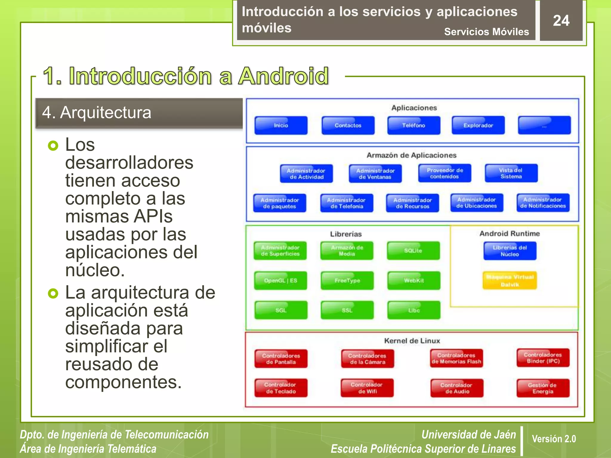 Introducción a los servicios y aplicaciones
móviles Servicios Móviles
24
Dpto. de Ingeniería de Telecomunicación
Área de Ingeniería Telemática
Universidad de Jaén
Escuela Politécnica Superior de Linares
Versión 2.0
4. Arquitectura
 Los
desarrolladores
tienen acceso
completo a las
mismas APIs
usadas por las
aplicaciones del
núcleo.
 La arquitectura de
aplicación está
diseñada para
simplificar el
reusado de
componentes.
 