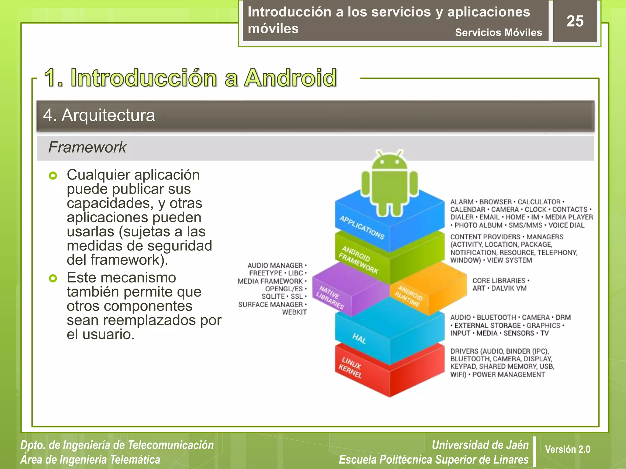 Introducción a los servicios y aplicaciones
móviles Servicios Móviles
25
Dpto. de Ingeniería de Telecomunicación
Área de Ingeniería Telemática
Universidad de Jaén
Escuela Politécnica Superior de Linares
Versión 2.0
Framework
4. Arquitectura
 Cualquier aplicación
puede publicar sus
capacidades, y otras
aplicaciones pueden
usarlas (sujetas a las
medidas de seguridad
del framework).
 Este mecanismo
también permite que
otros componentes
sean reemplazados por
el usuario.
 