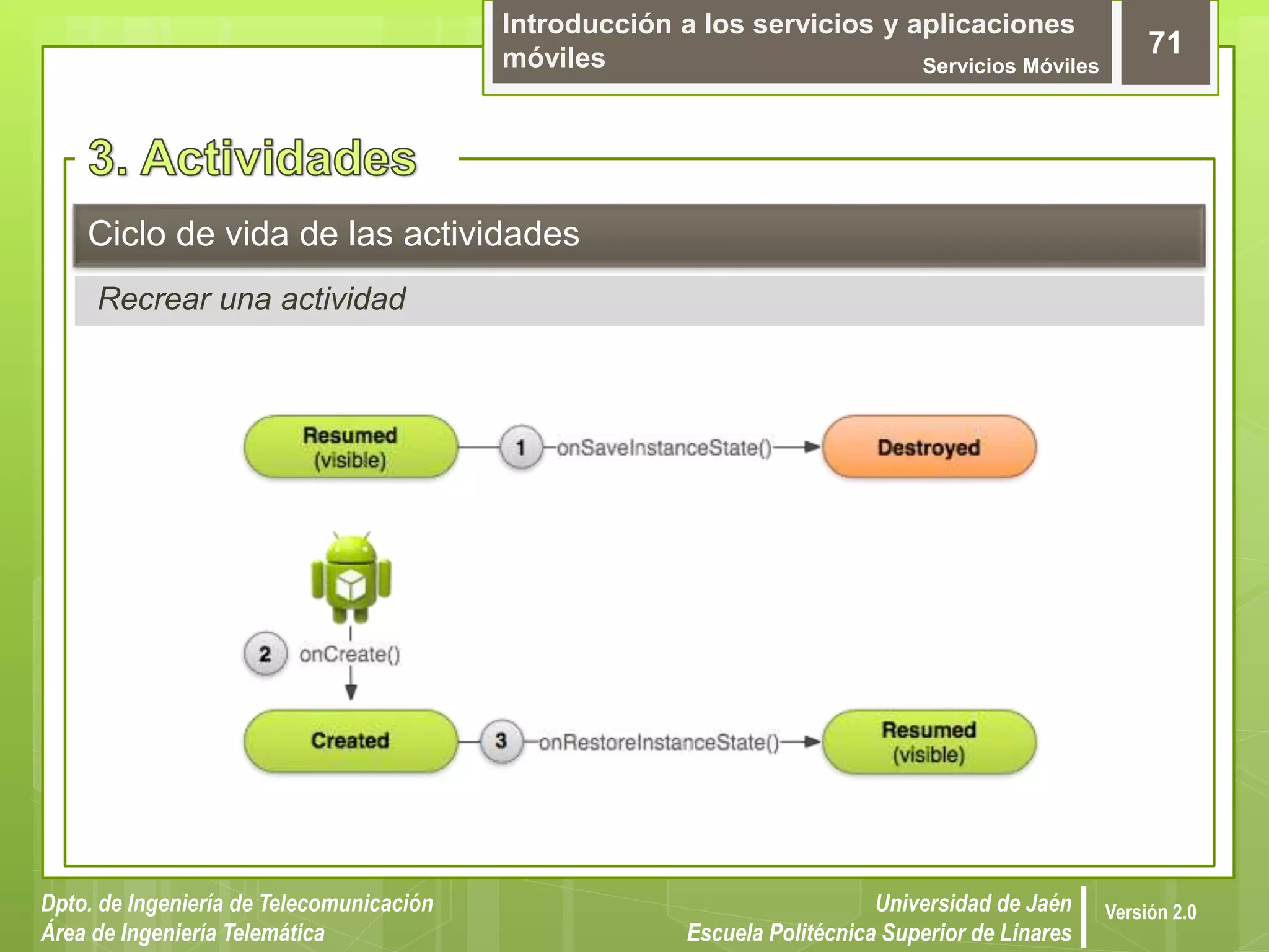 Introducción a los servicios y aplicaciones
móviles Servicios Móviles
71
Dpto. de Ingeniería de Telecomunicación
Área de Ingeniería Telemática
Universidad de Jaén
Escuela Politécnica Superior de Linares
Versión 2.0
Recrear una actividad
Ciclo de vida de las actividades
 