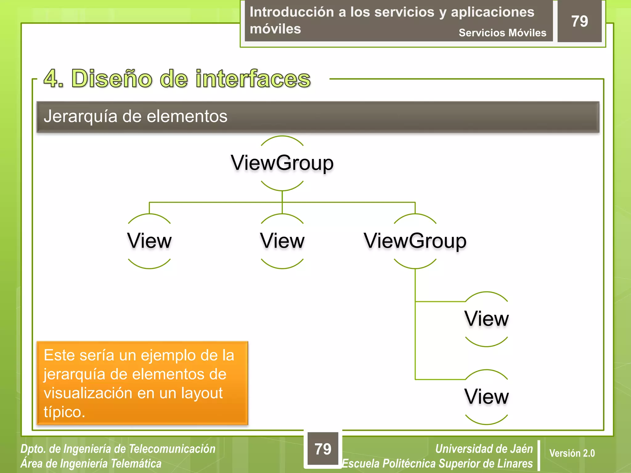 Introducción a los servicios y aplicaciones
móviles Servicios Móviles
79
Dpto. de Ingeniería de Telecomunicación
Área de Ingeniería Telemática
Universidad de Jaén
Escuela Politécnica Superior de Linares
Versión 2.0
Jerarquía de elementos
79
Este sería un ejemplo de la
jerarquía de elementos de
visualización en un layout
típico.
ViewGroup
View View ViewGroup
View
View
 