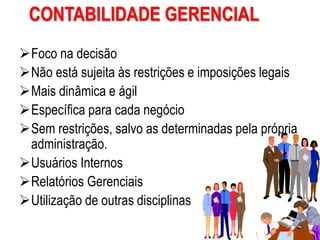 AULA 6
23
CONTABILIDADE GERENCIAL
Foco na decisão
Não está sujeita às restrições e imposições legais
Mais dinâmica e ágil
Específica para cada negócio
Sem restrições, salvo as determinadas pela própria
administração.
Usuários Internos
Relatórios Gerenciais
Utilização de outras disciplinas
 