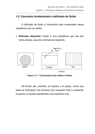 Mecânica dos Fluidos – Prof. Ricardo B. Elias
Capítulo 1 – Introdução, Definição e Propriedades dos fluidos
_____________________________________________________________________________________
1.2. Conceitos fundamentais e definição de fluido
A definição de fluido é introduzida pela comparação dessa
substância com um sólido.
• Definição elementar: Fluido é uma substância que não tem
forma própria, assume o formato do recipiente.
Figura 1.11 – Comparação entre sólidos e fluidos
Os fluidos são, portanto, os líquidos e os gases, sendo que
estes se distinguem dos primeiros por ocuparem todo o recipiente,
enquanto os líquidos apresentam uma superfície livre.
 